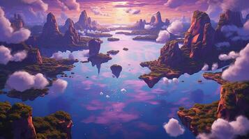 dreamlike setting with floating clouds and purple photo