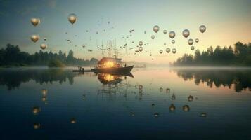 dreamlike scene with flying objects floating photo