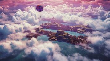 dreamlike setting with floating clouds and purple photo