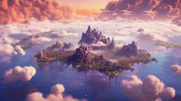 dreamlike setting with floating clouds and purple photo