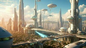 dreamlike vision of a futuristic city with sleek photo