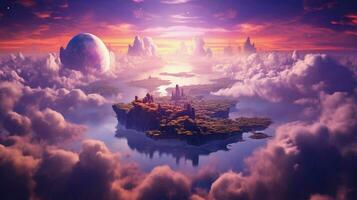 dreamlike setting with floating clouds and purple photo