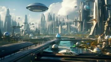 dreamlike vision of a futuristic city with sleek photo