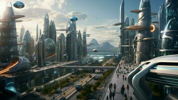 dreamlike vision of a futuristic city with sleek photo