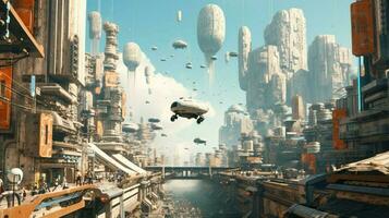 dreamlike vision of futuristic city with towering photo