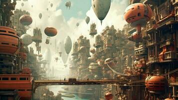 dreamlike vision of futuristic city with towering photo