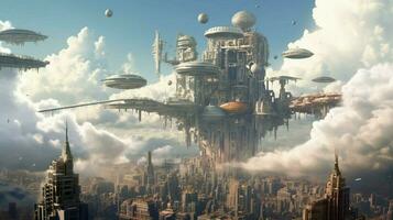 dreamlike vision of futuristic city with towering photo