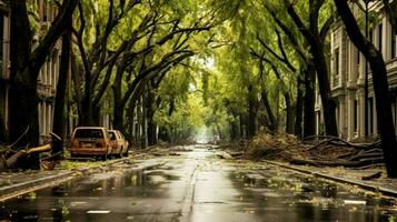 empty and devastated street with falling tree photo