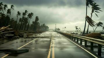 vacío la carretera después devastar desde lluvia y viento foto