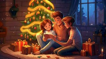 familia decoración Navidad árbol ilustración ai foto