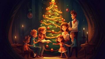 familia decoración Navidad árbol ilustración ai foto