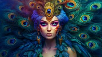 fantasy portrait of a peacock female creature photo