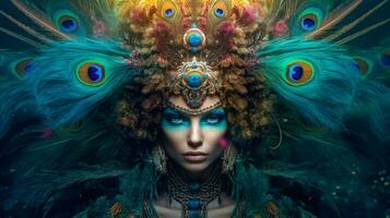 fantasy portrait of a peacock female creature photo