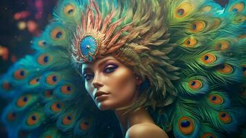 fantasy portrait of a peacock female creature photo