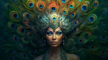 fantasy portrait of a peacock female creature photo