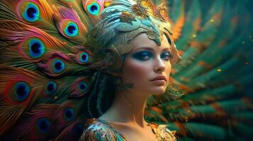 fantasy portrait of a peacock female creature photo