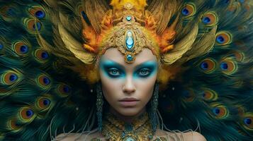 fantasy portrait of a peacock female creature photo