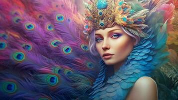 fantasy portrait of a peacock female creature photo