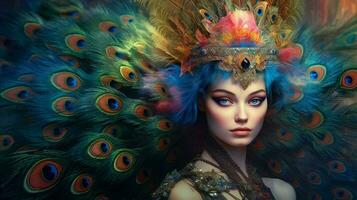 fantasy portrait of a peacock female creature photo