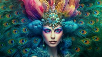 fantasy portrait of a peacock female creature photo