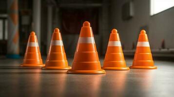 five traffic cones in a row creating safe photo