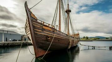 Escala completa vikingo Embarcacion atracado a puerto con paño foto