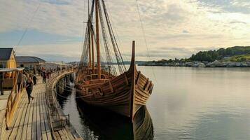 fullscale viking ship docked at harbor with sails photo