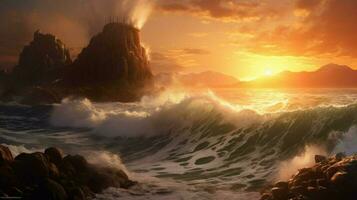 gigantic waves crashing against a rocky shore photo