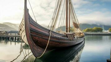 Escala completa vikingo Embarcacion atracado a puerto con paño foto