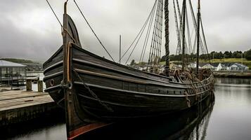 fullscale viking ship docked at harbor with sails photo