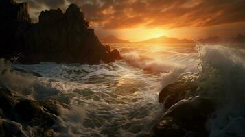 gigantic waves crashing against a rocky shore photo