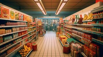 tienda de comestibles Tienda pasillo lleno con sano meriendas foto