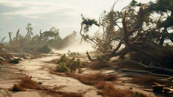 harsh landscape of trees destroyed by high wind photo