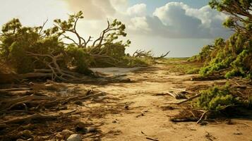 harsh landscape of trees destroyed by high wind photo