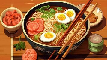 japonés ramen sopa es tradicionalmente delicioso foto