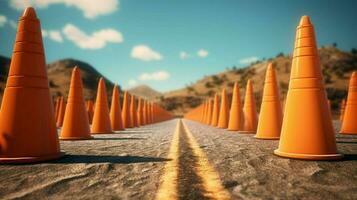 line of traffic cones leading to closed road photo