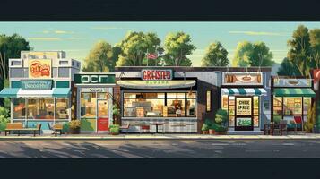 lineup of fast food restaurants each with their photo