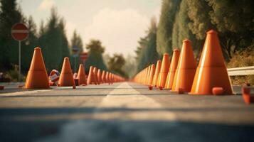 line of traffic cones leading to closed road photo