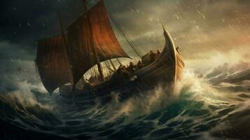 majestic viking ship sailing on stormy seas with photo