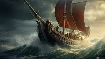 majestic viking ship sailing on stormy seas with photo