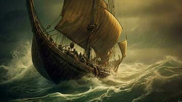 majestuoso vikingo Embarcacion navegación en Tormentoso mares con foto