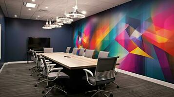 modern office with sleek design featuring vibrant photo