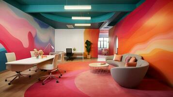 moderno oficina con pulcro diseño presentando vibrante foto