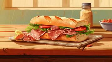 on a wooden table a sandwich with spanish photo