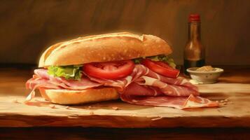 on a wooden table a sandwich with spanish photo