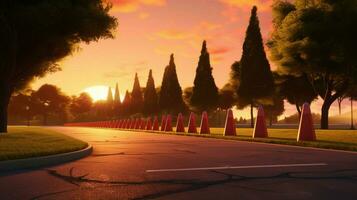 peaceful sunset over a park with traffic cones photo