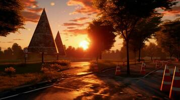 peaceful sunset over a park with traffic cones photo