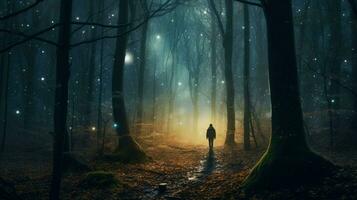 person walking through a dreamlike forest photo