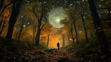 person walking through a dreamlike forest photo