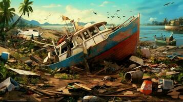 pile of debris left after a tsunami hit the coast photo